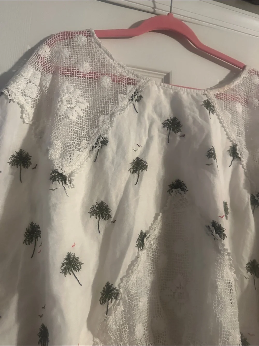 Free People White Cropped Boho Blouse with Green Palm Embroidery